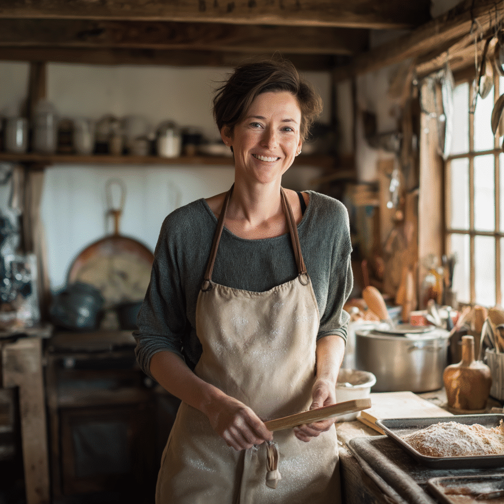 About Me 1 Molly Jenkins home cook in a rustic kitchen, wearing a flour-dusted apron, preparing food beside a sunny window.