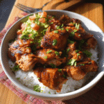 Adobo chicken Moe’s burrito bowl close-up