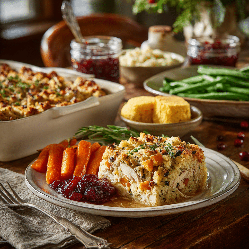 dolly's chicken and stuffing casserole 6 Chicken and stuffing casserole with green beans, carrots, cranberry sauce, and cornbread on a farmhouse-style table