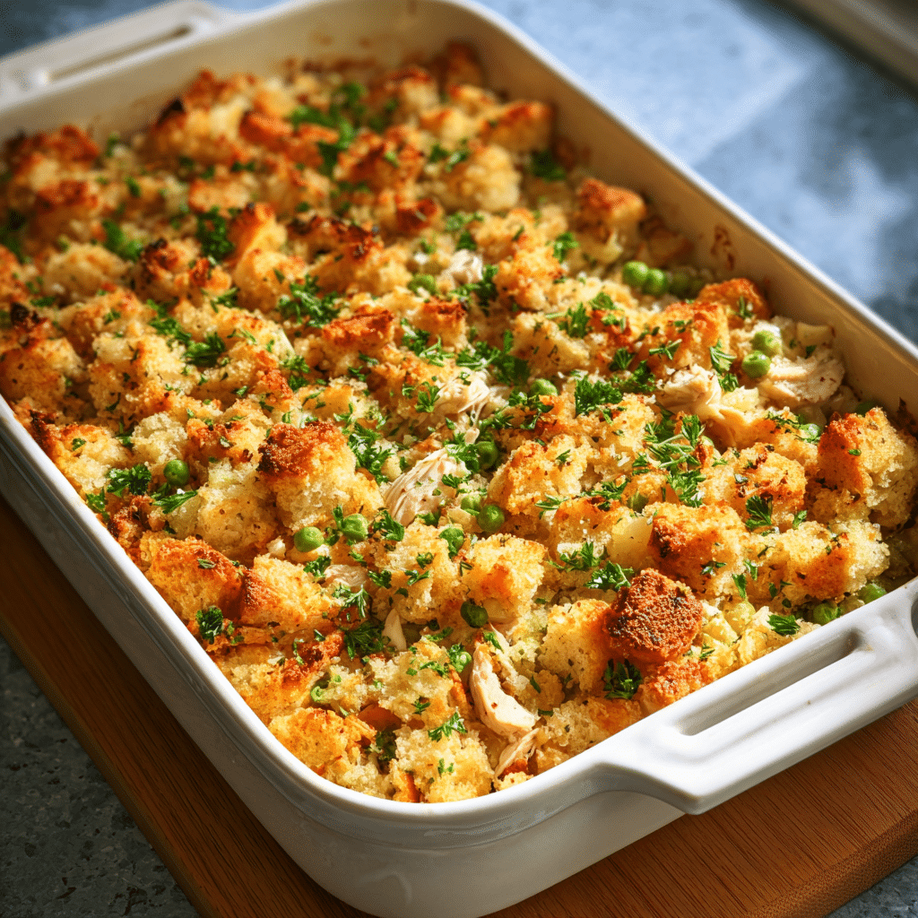 dolly's chicken and stuffing casserole 4 Dolly’s chicken and stuffing casserole in baking dish